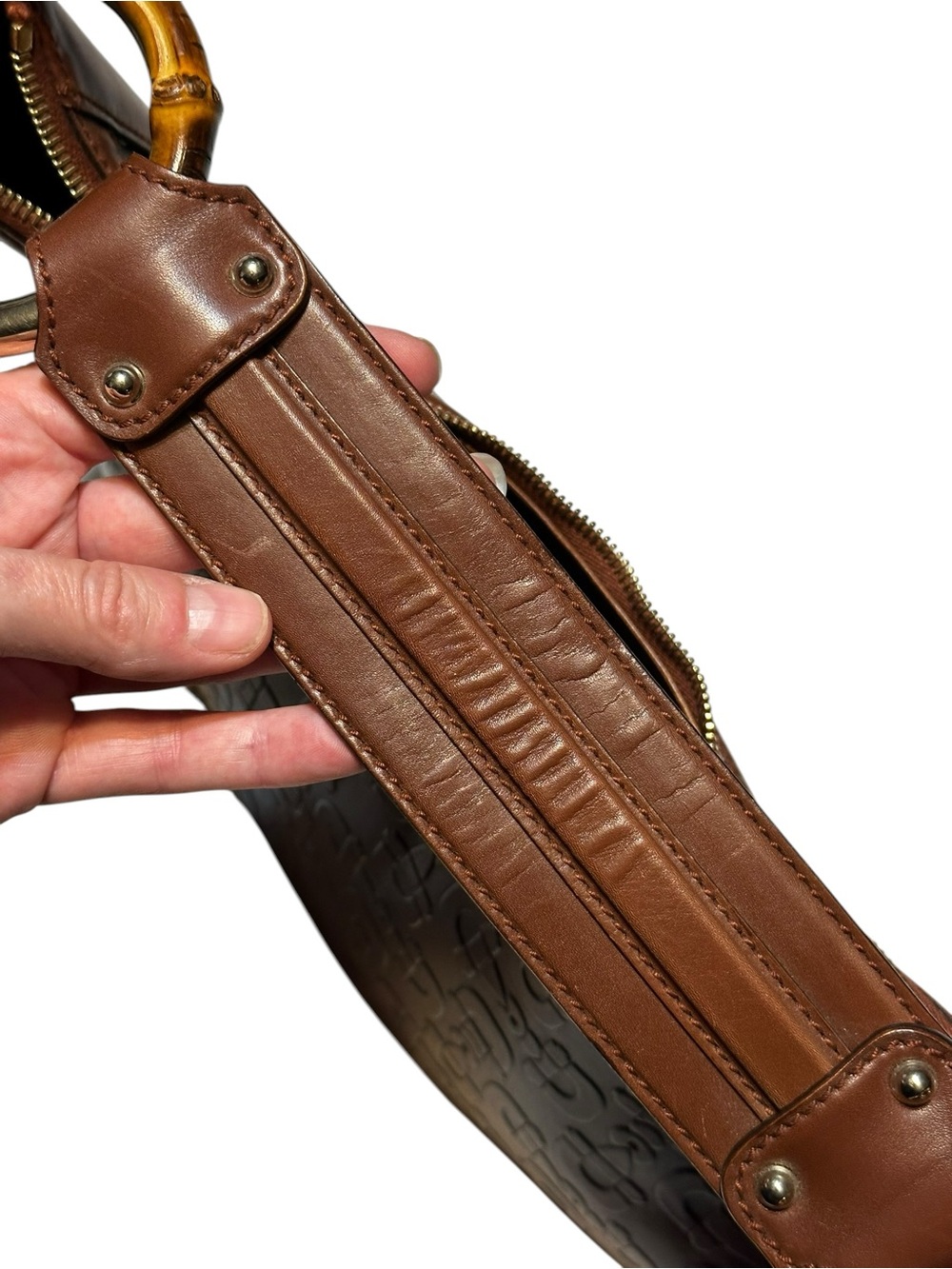 Gucci Rich Brown Horsebit Embossed Leather Shoulder Hobo Bag Bamboo-Ring Detail - Picture 9 of 17